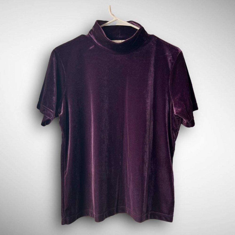 90s/y2k vintage purple velvet mock turtleneck top size L Friends short sleeve - Picture 2 of 4